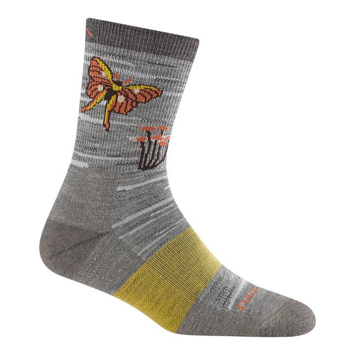 5201 wing it micro crew hiking sock featuring a gray body with yellow band on the arch with a butterfly and flowers on the cuff