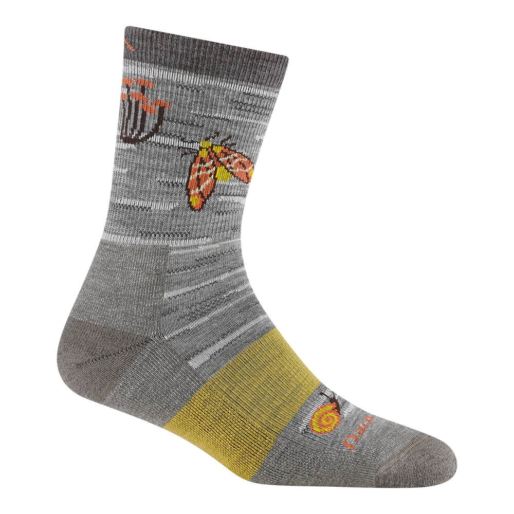 Reverse 5201 wing it micro crew hiking sock featuring a gray body with yellow band on the arch with a fly and flowers on the cuff and snail on the toes