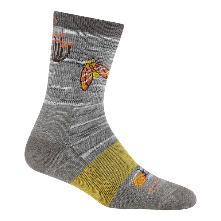 Reverse 5201 wing it micro crew hiking sock featuring a gray body with yellow band on the arch with a fly and flowers on the cuff and snail on the toes
