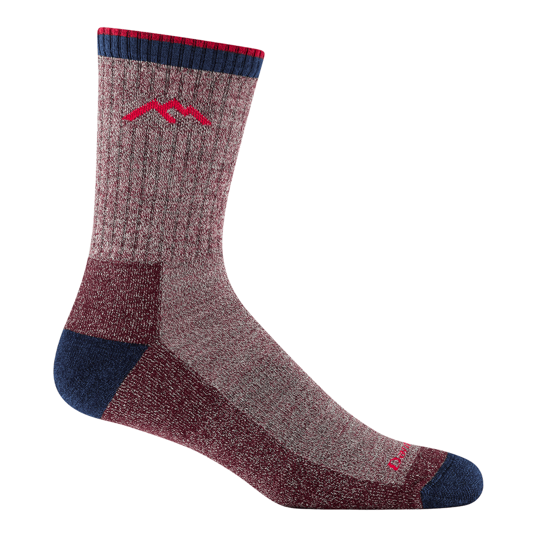 5266 Micro crew hiker in burgundy featuring navy heel/toe and red logo and mountain.