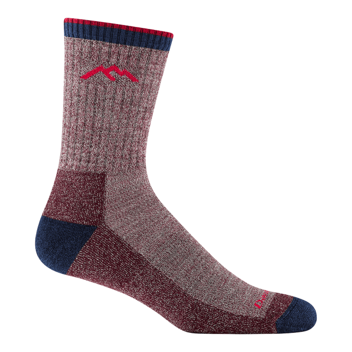5266 Micro crew hiker in burgundy featuring navy heel/toe and red logo and mountain.