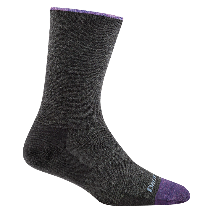 6012 women's solid basic crew lifestyle sock in charcoal with purple accents and blue darn tough signature on forefoot