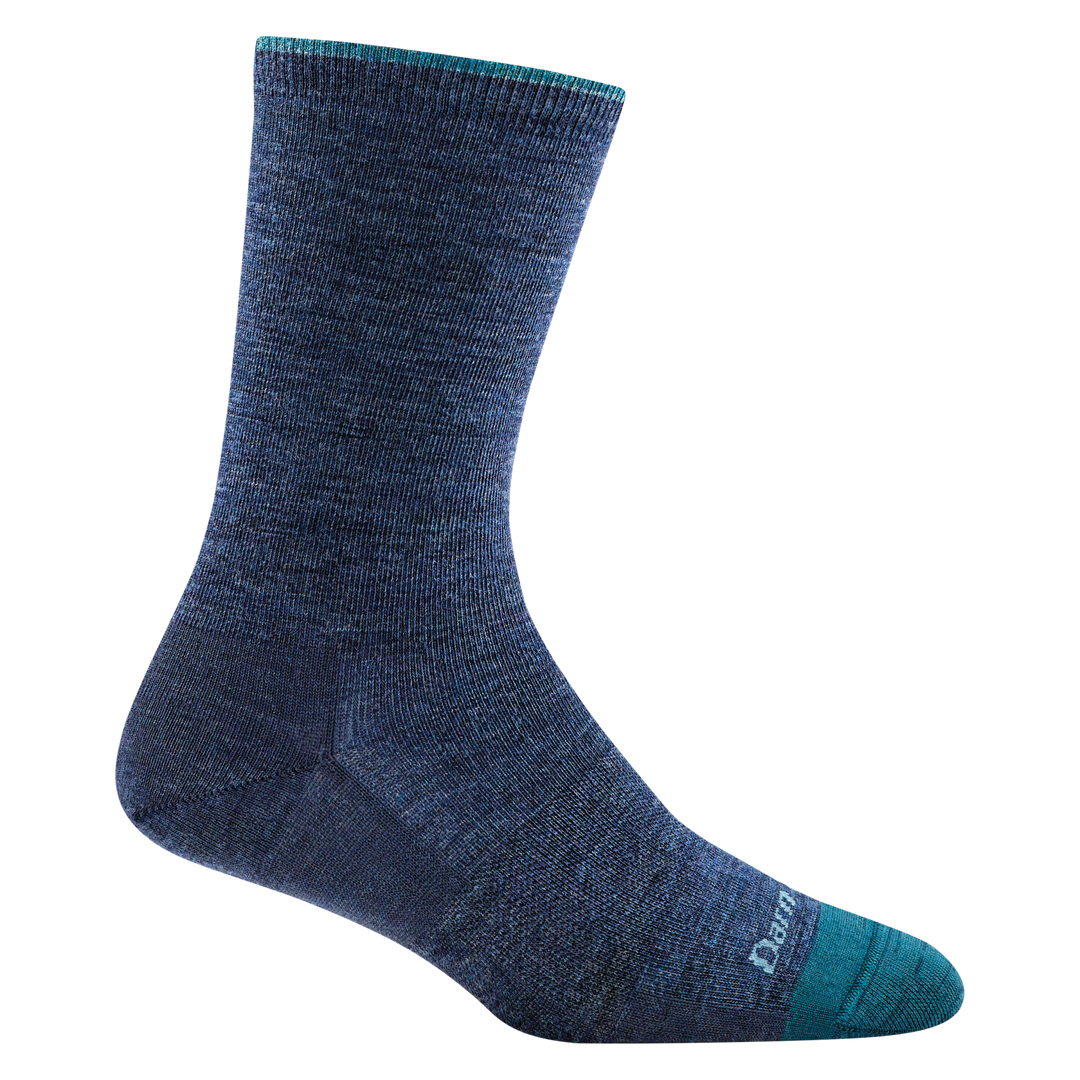 6012 women's solid basic crew lifestyle sock in denim blue with teal accents and blue darn tough signature on forefoot