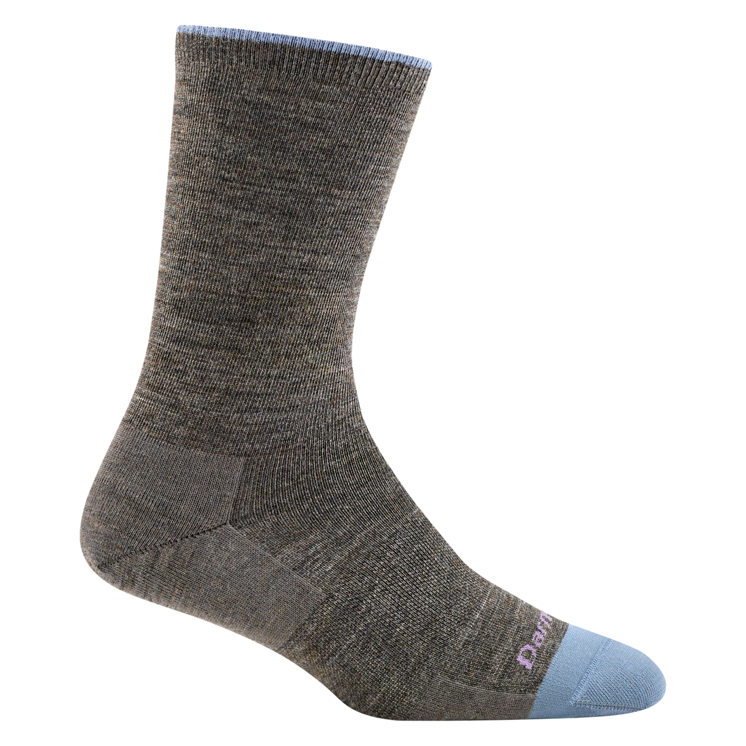6012 women's solid basic crew lifestyle sock in taupe with light blue toe accent and pink darn tough logo on forefoot