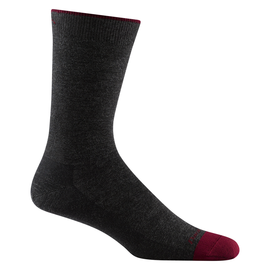 6032 men's solid crew lifestyle sock in color charcoal with burgundy toe accent and darn tough signature on forefoot