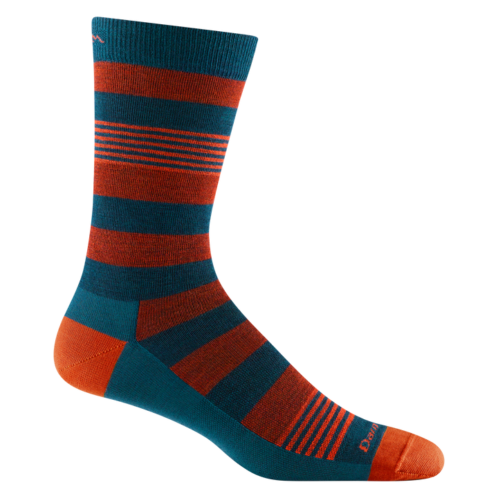 6033 men's oxford crew lifestyle sock in color dark teal with orange toe/heel accents and orange and dark teal striping