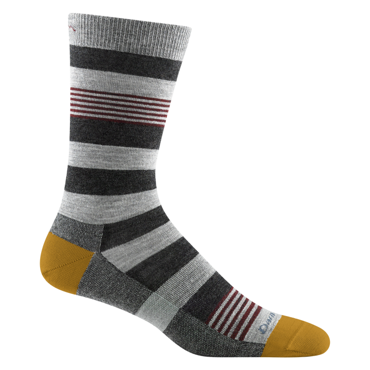 6033 men's oxford crew lifestyle sock in color gray with gold toe/heel accents and black and burgundry striping