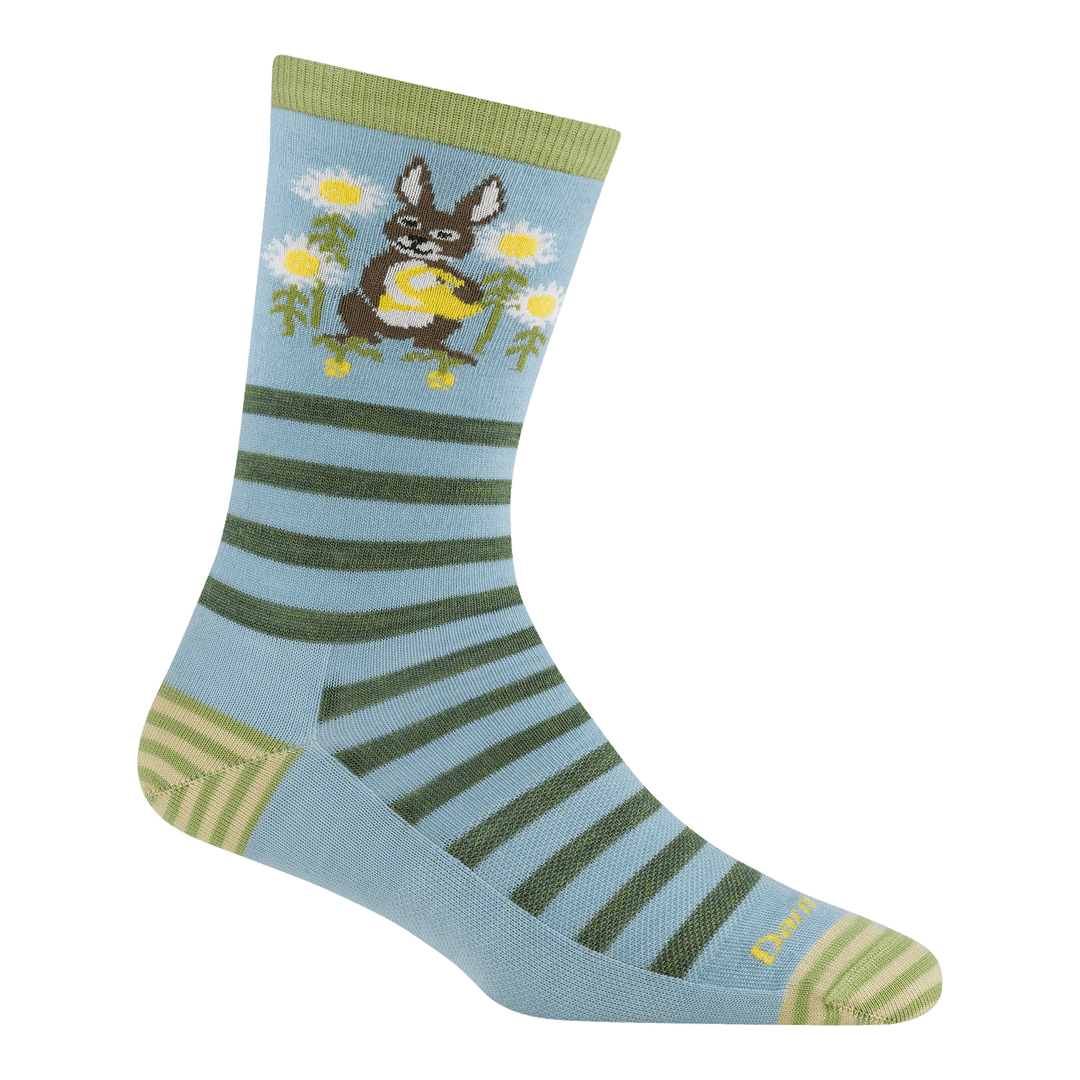 6037 animal haus crew sock in bunny blue featuring stripe heel/toe with blue body green stripes and bunny in flowers on leg