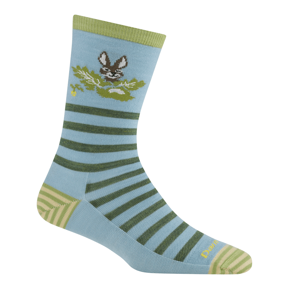 6037 animal haus crew sock in bunny blue featuring a striped heel/toe  with blue body and green stripes up the leg with a bunny popping out of the cabbage