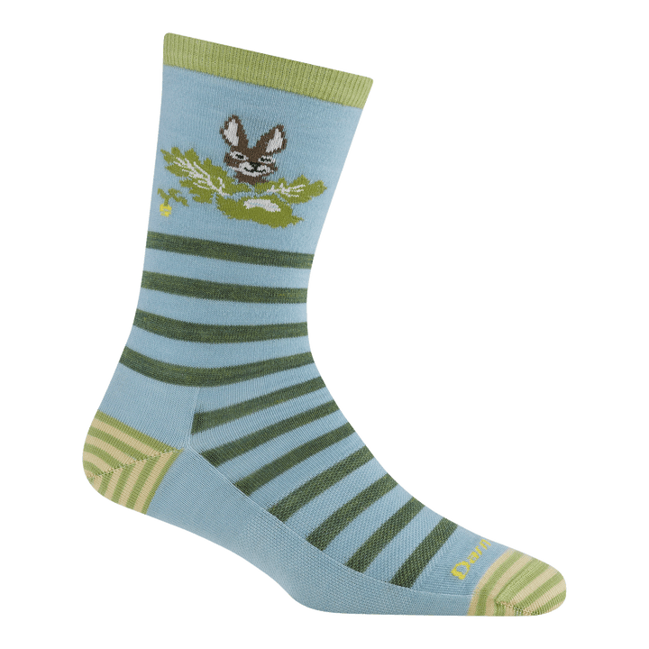 6037 animal haus crew sock in bunny blue featuring a striped heel/toe  with blue body and green stripes up the leg with a bunny popping out of the cabbage