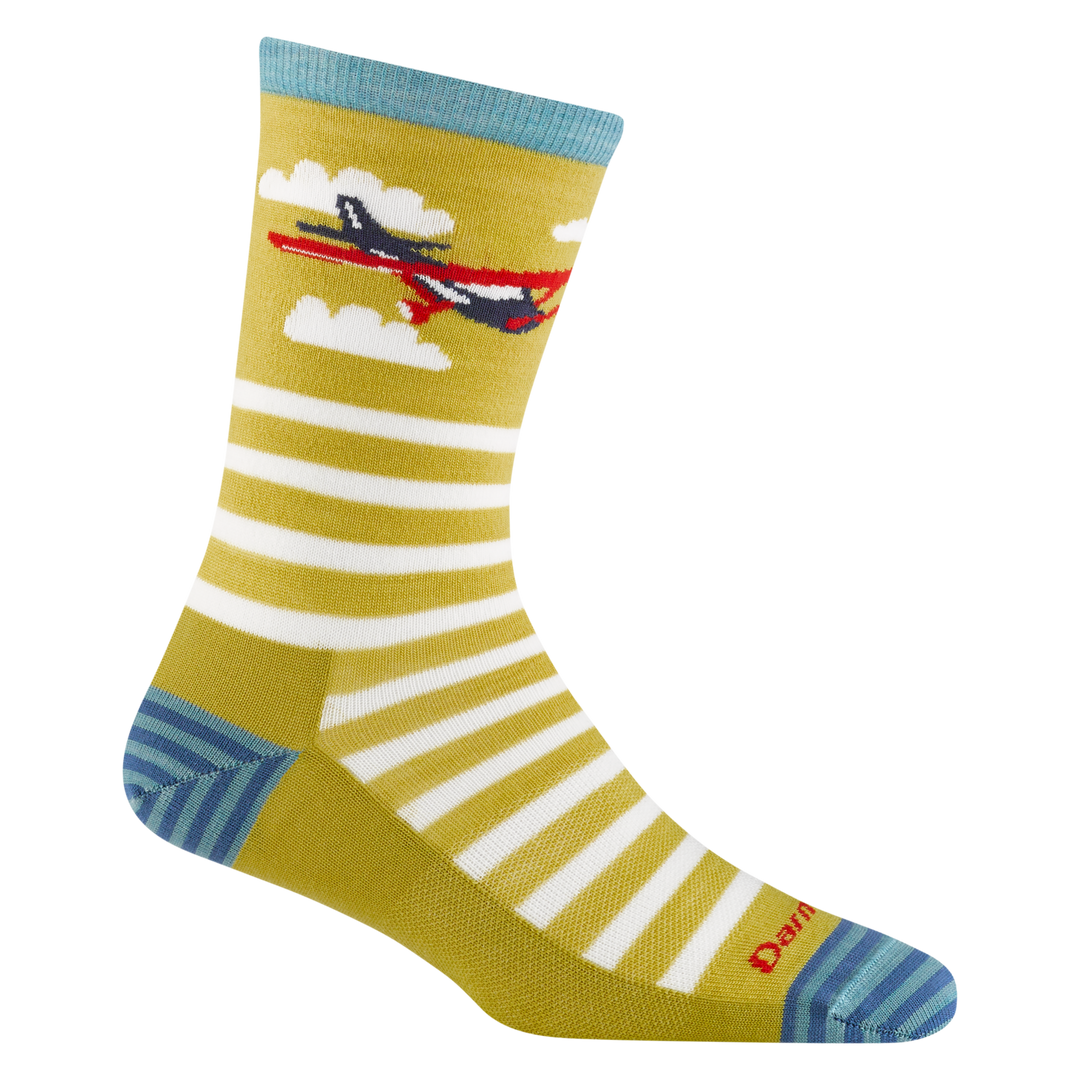 Women's animal haus crew lifestyle sock in buttercup with blue striped toe/heel accents and a red plane