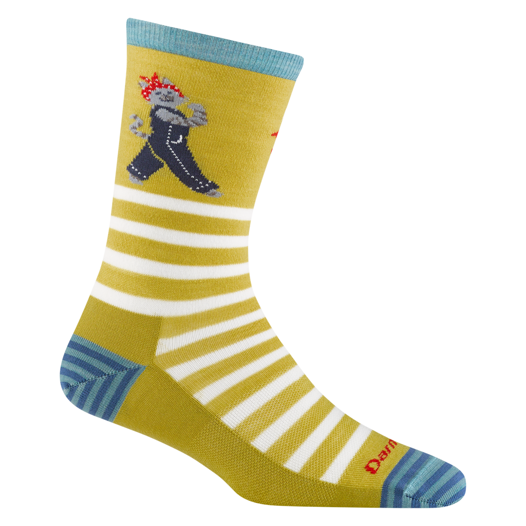 6037 women's animal haus crew lifestyle socks in buttercup with white stripes and 'rosie the riveter' cat graphic