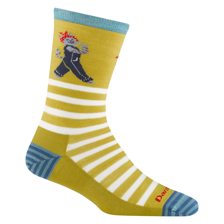 6037 women's animal haus crew lifestyle socks in buttercup with white stripes and 'rosie the riveter' cat graphic