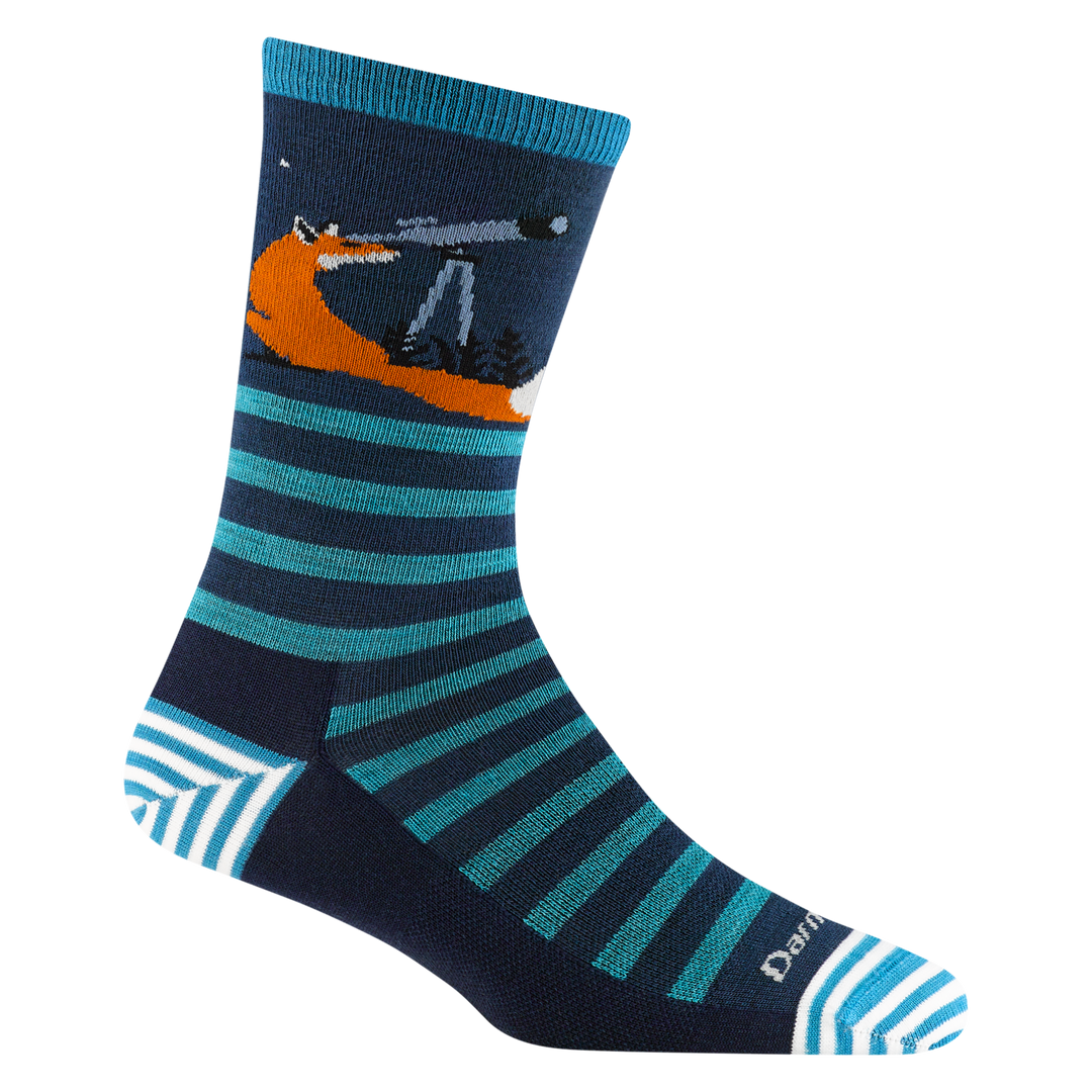 6037 women's animal haus crew lifestyle sock in eclipse with striped accents and a fox looking through a telescope