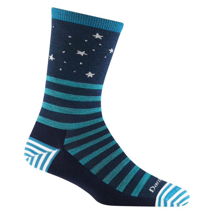 Reverse side of the women's animal haus crew lifestyle sock in eclipse with teal stripes and white star detailing