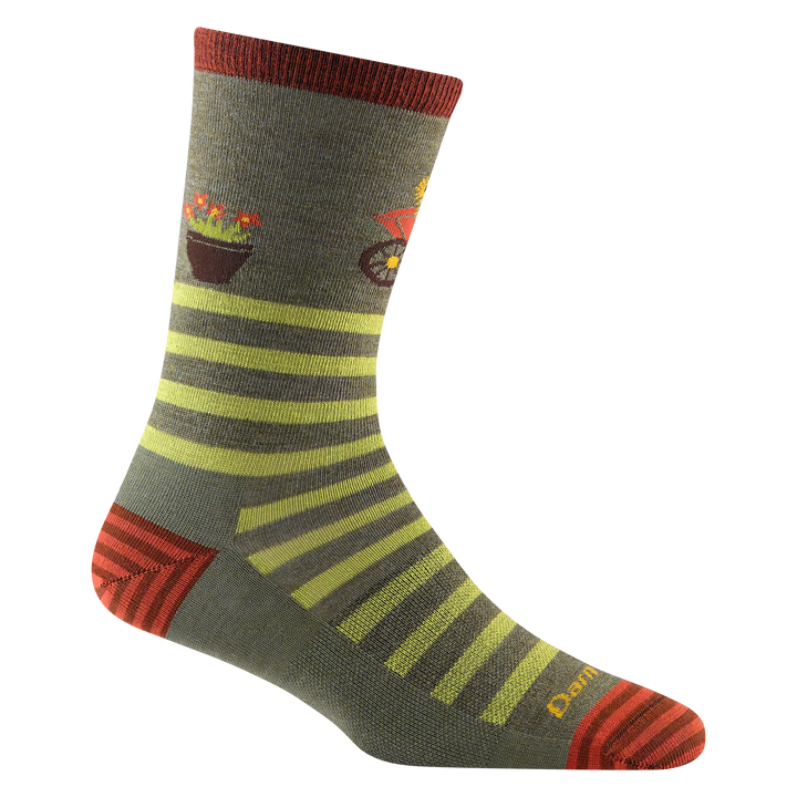 Women's animal haus crew lifestyle sock in color gerb green with yellow striping up forefoot and flower pot design