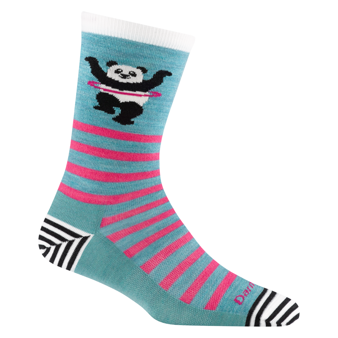 6037 women's animal haus crew lifestyle sock in lagoon with striped toe/heel accents and a panda using a hula hoop