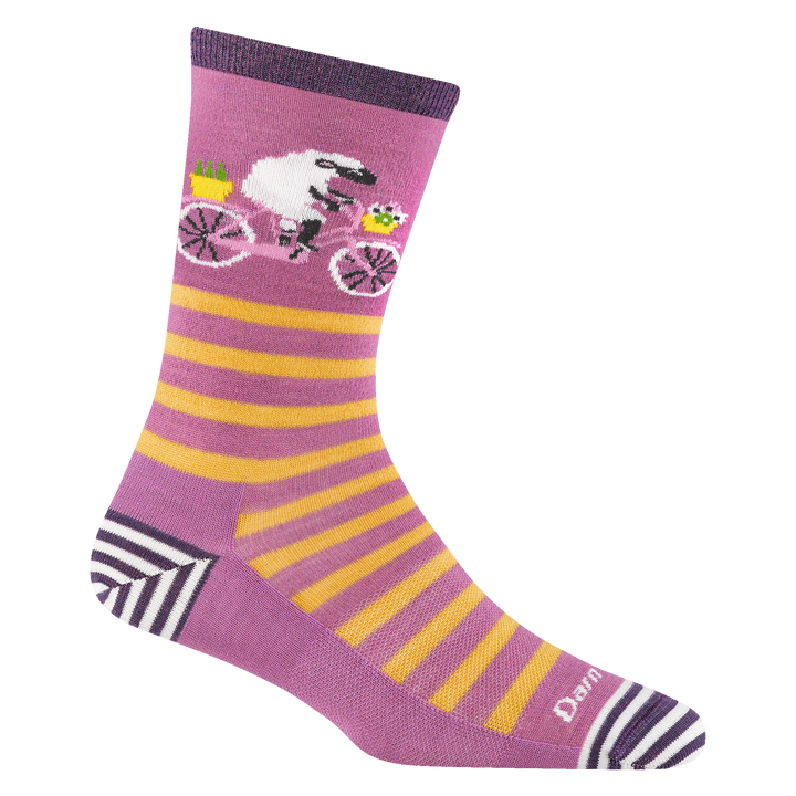 6037 women's animal haus crew lifestyle sock in lilac with striped toe/heel accents and a sheep riding a bike 