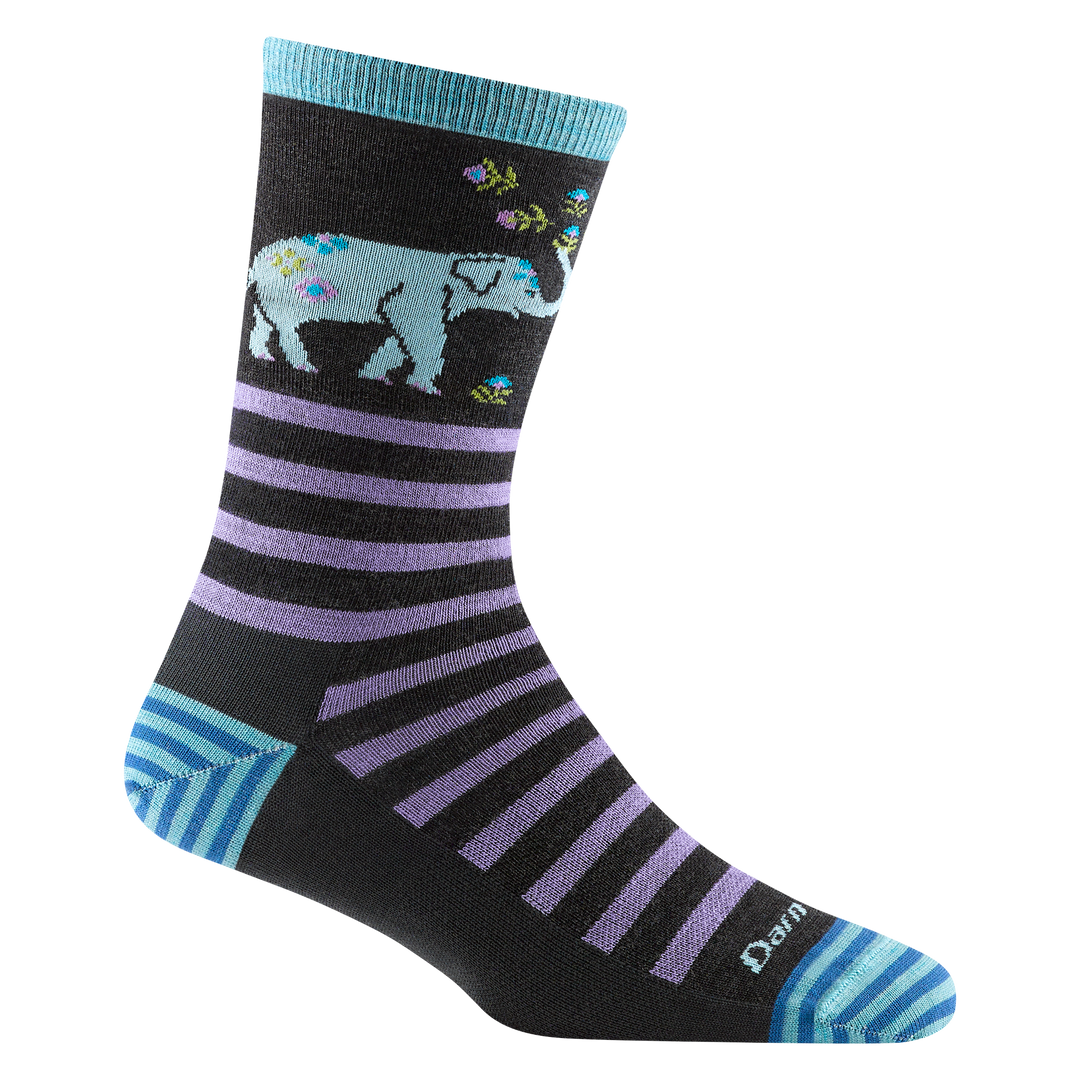 6037 women's animal haus crew lifestyle sock in color black with blue striped toe/heel accents and purple stripes