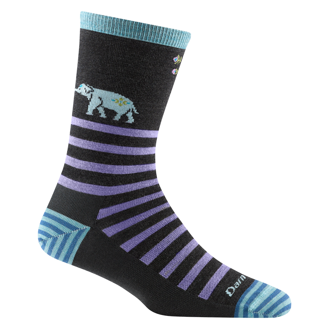 Reverse of women's animal haus crew lifestyle sock in color black with purple striping and elephant design