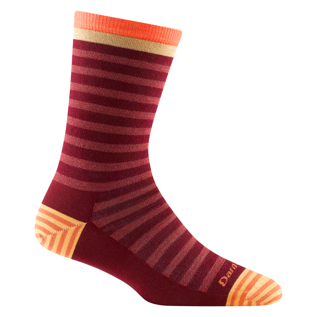 6039 women's morgan crew lifestyle sock in color burgundy with orange striped toe/heel accents and red stripes