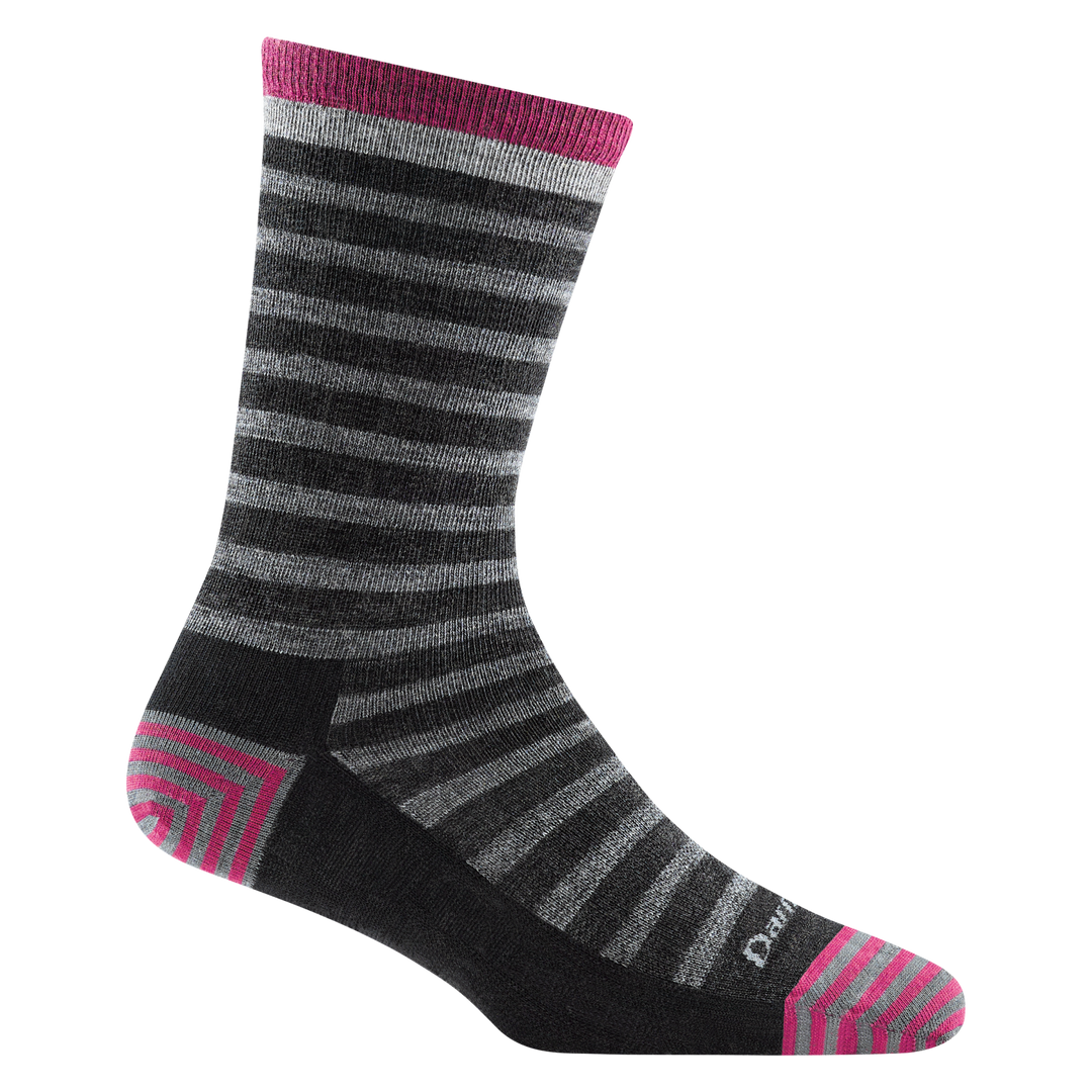 6039 women's morgan crew lifestyle sock in color charcoal with pink striped toe/heel accents and gray stripes