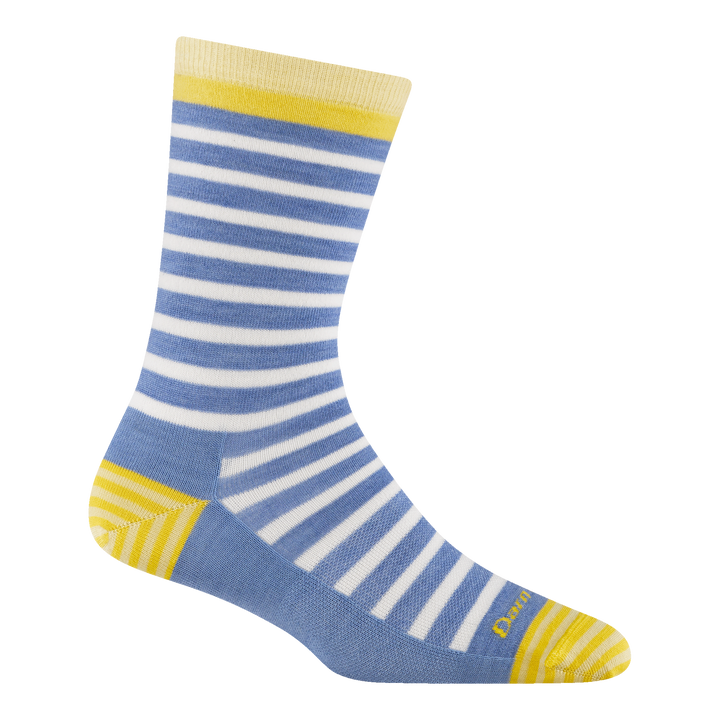 6039 women's morgan crew lifestyle sock in color country blue with yellow striped toe/heel accents and blue/white stripe body stripes