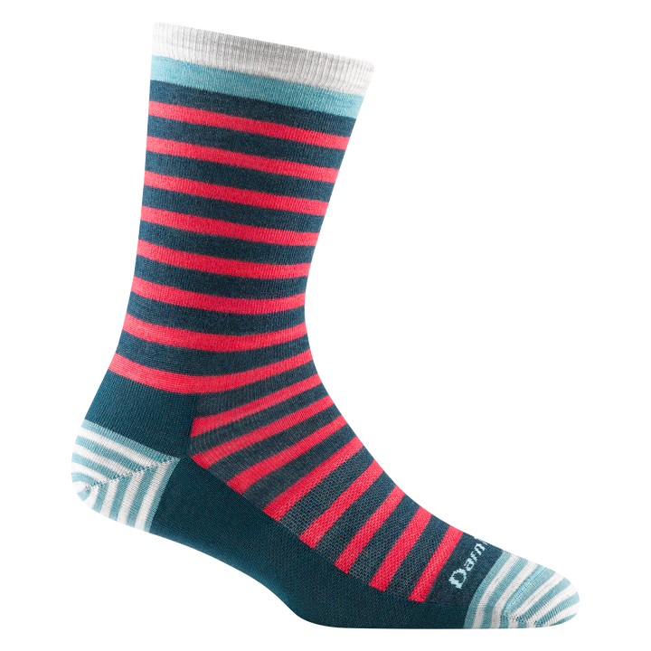 6039 women's morgan crew lifestyle sock in color dark teal with striped toe/heel accents and red stripes
