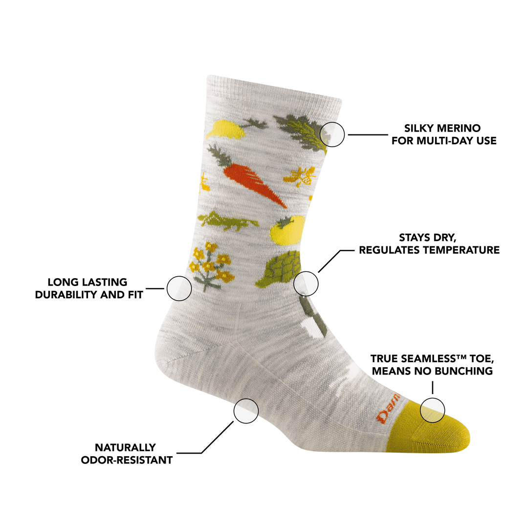 Farmers market crew lifestyle sock with feature callouts such as temperature regulation and seamless toe technology