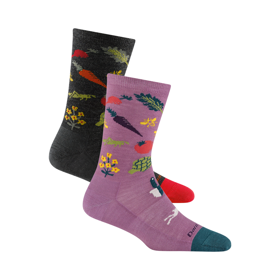 Bundle image of two omens farmers market crew socks one in charcoal one in violet