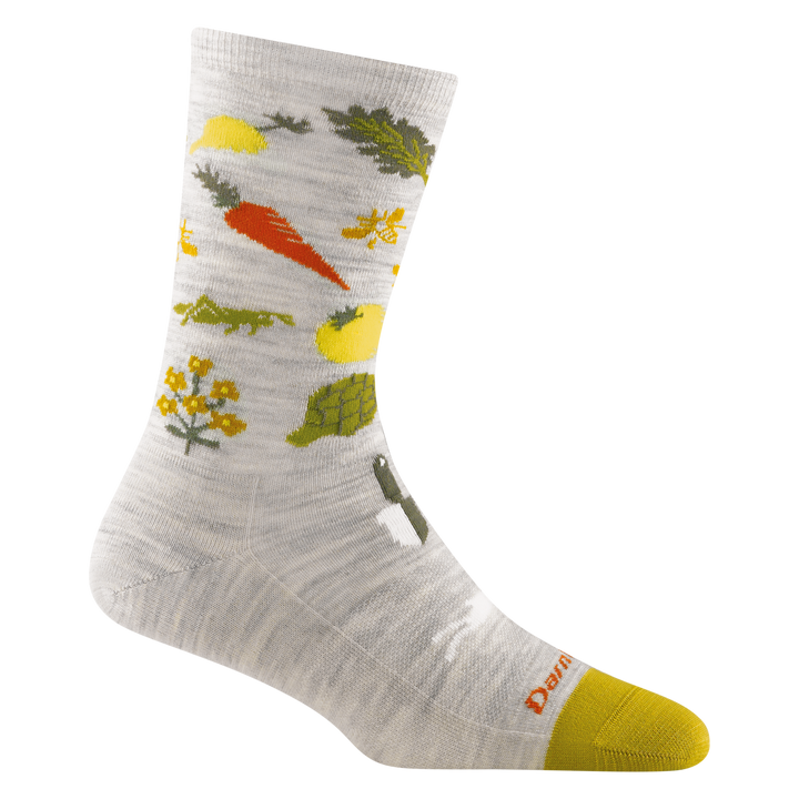 6054 women's farmer's market crew lifestyle sock in heathered light grey with yellow toe accent and vegetable designs
