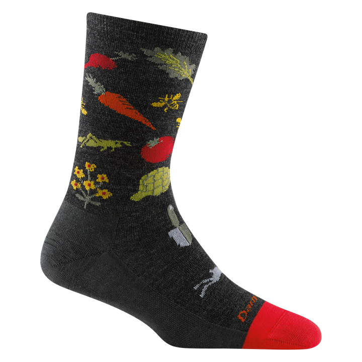 6054 women's farmer's market crew lifestyle sock in color charcoal gray with red toe accent and vegetable designs