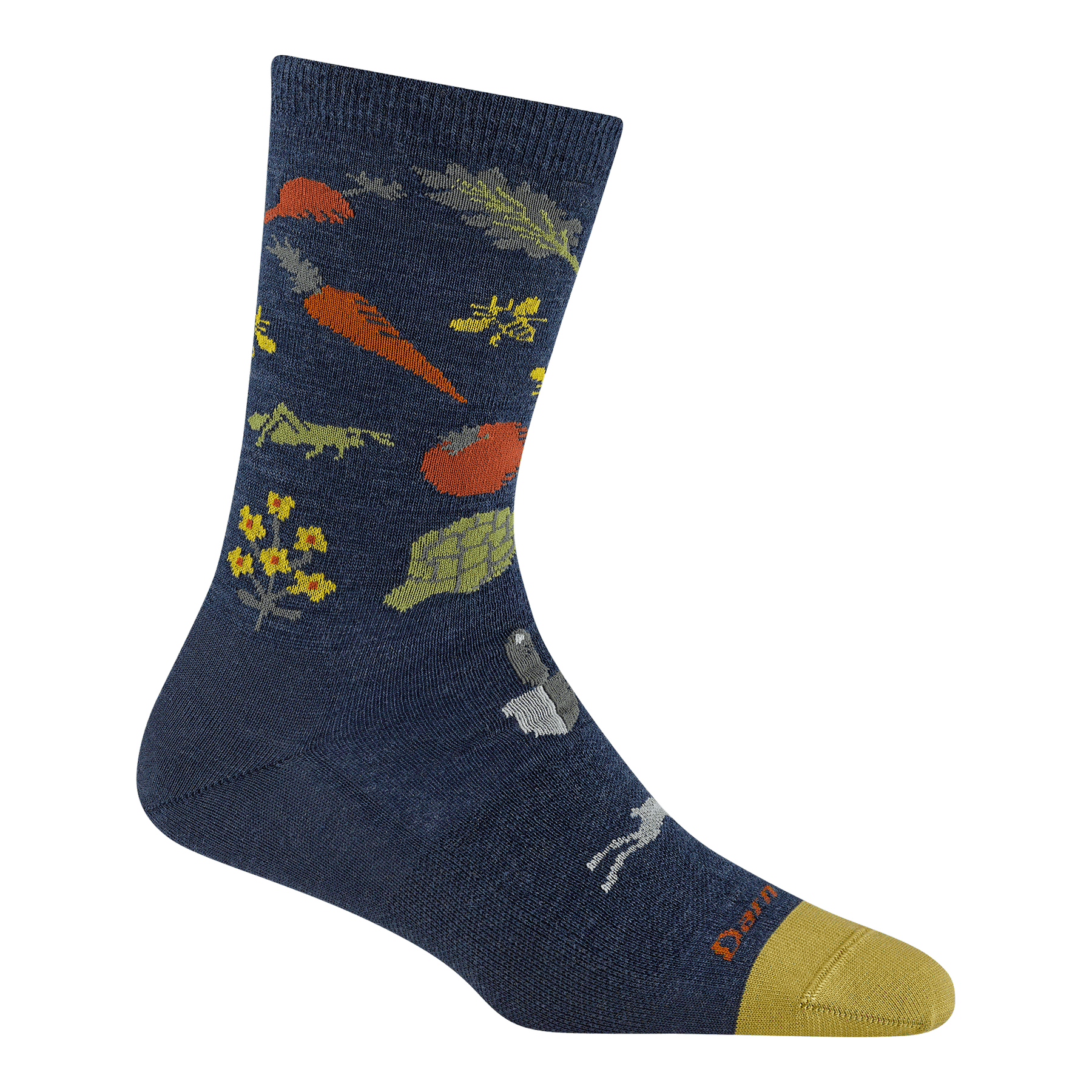 6054 women's farmer's market crew lifestyle sock in color Indigo with yellow toe accent and vegetable designs