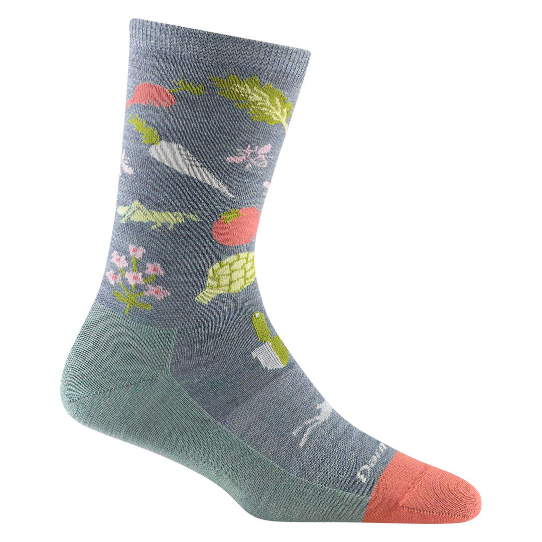 6054 women's farmer's market crew lifestyle sock in color seafoam with gray body, coral toe accent and vegetable designs