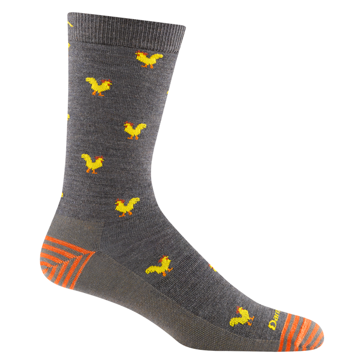 6060 men's strut crew lifestyle sock in taupe with orange striped toe/heel accents and yellow chickens design