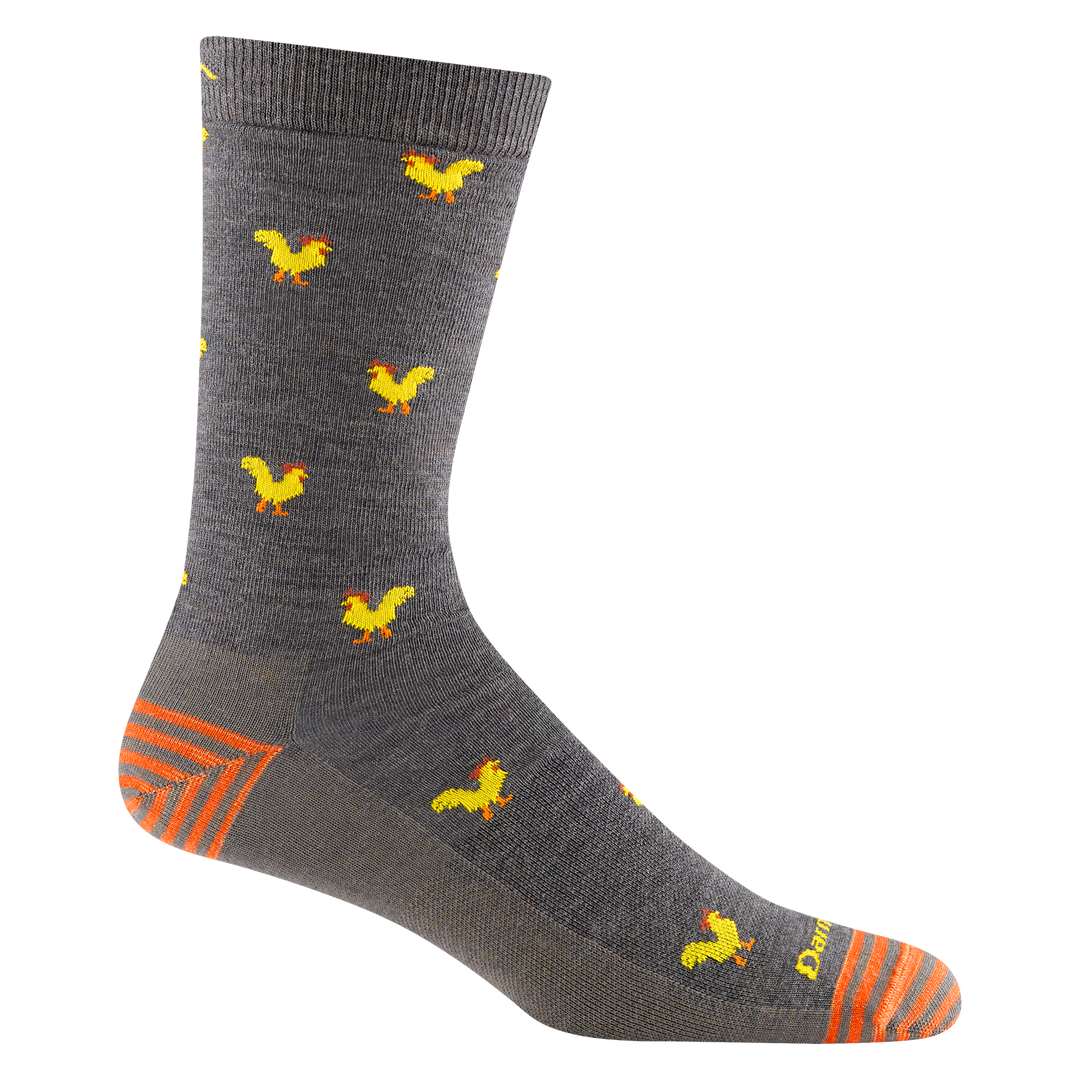 6060 men's strut crew lifestyle sock in taupe with orange striped toe/heel accents and yellow chickens design