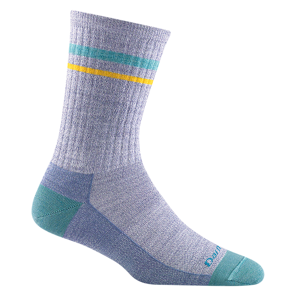6064 women's letterman crew lifestyle sock in lavender with teal accents and teal and yellow stripes around calf