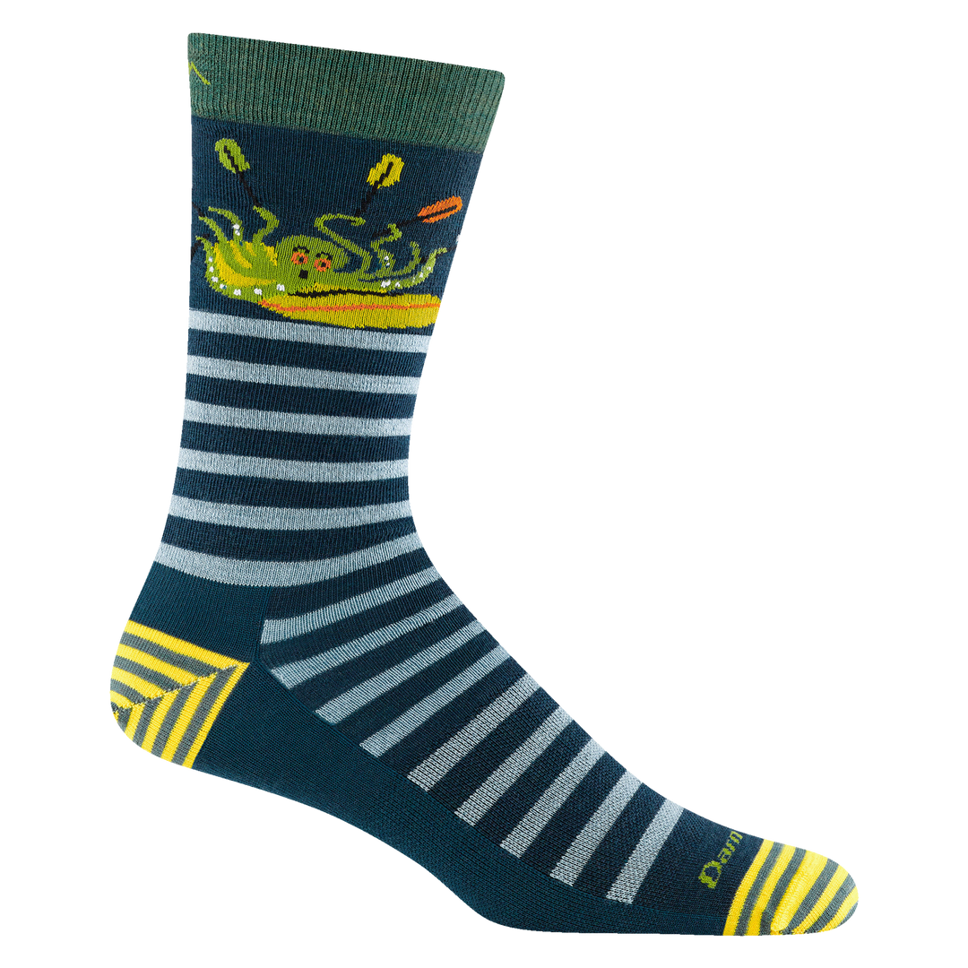 6066 men's animal haus crew lifestyle sock in dark teal with yellow striped toe/heel accents, octopus in a boat design