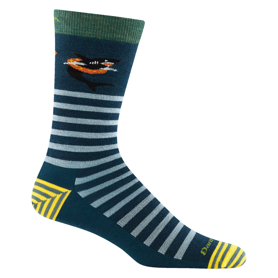 Reverse 6066 men's animal haus crew lifestyle sock in dark teal with yellow striped toe/heel accents, shark in a float design