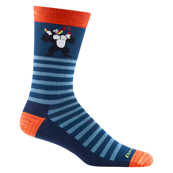 6066 men's animal haus crew lifestyle sock in Deep water blue with striped toe/heel accents, gorilla eating hot sauce 