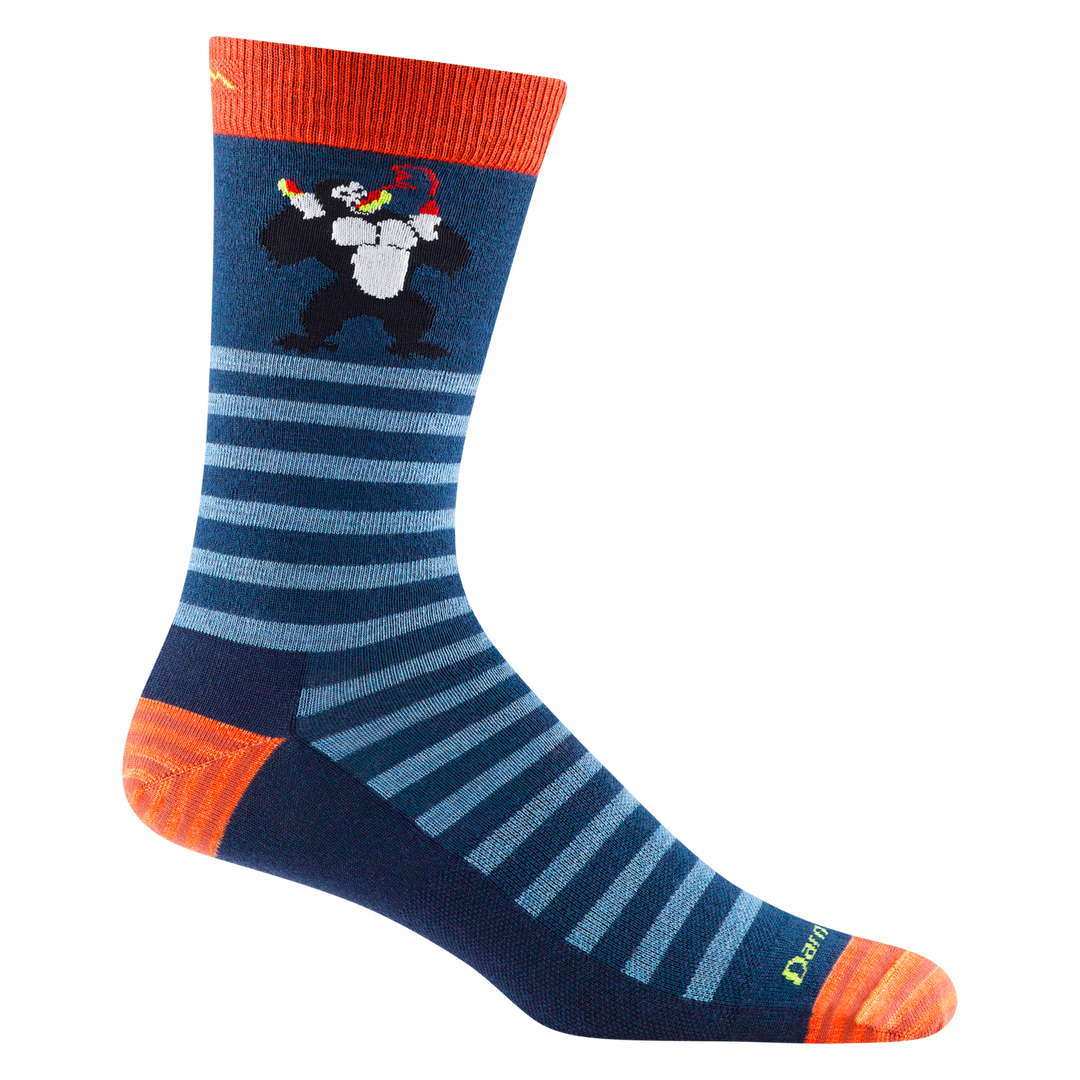 6066 men's animal haus crew lifestyle sock in Deep water blue with striped toe/heel accents, gorilla eating hot sauce 