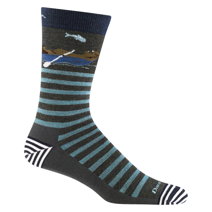 6066 men's animal haus crew lifestyle sock in foret green with striped accents, blue stripes and an floating otter