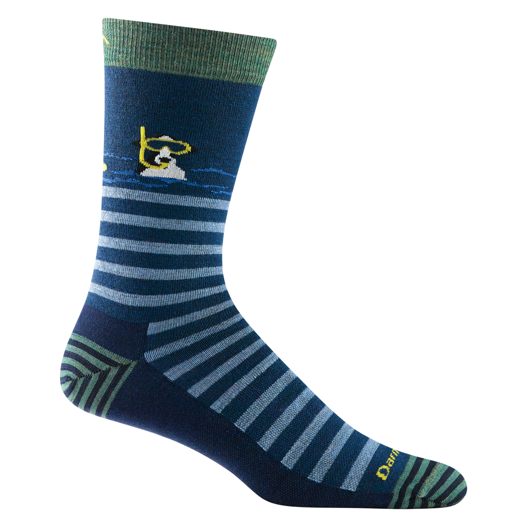 6066 men's animal haus crew lifestyle sock in navy with seafoam striped toe/heel accents and swimming cow design on calf