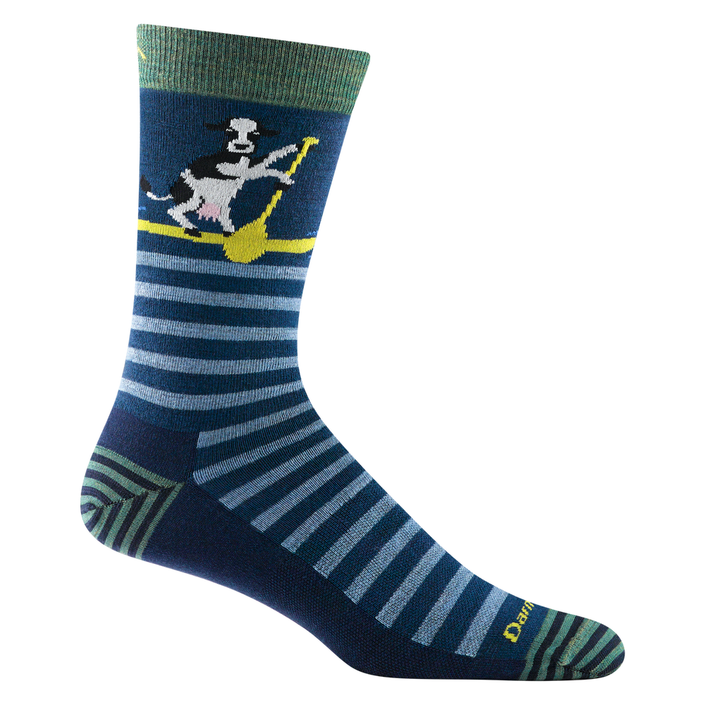Reverse side of men's animal haus crew lifestyle sock in navy with light blue forefoot striping and swimming cow design