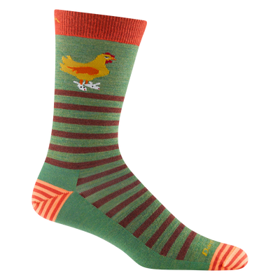 Reverse 6066 men's animal haus crew lifestyle sock in Willow green with striped toe/heel accents, red stripes and a chicken