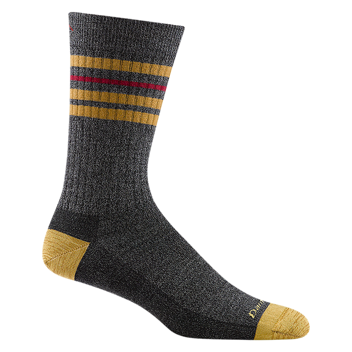 6069 men's letterman crew lifestyle sock in charcoal with goal toe/heel accents and red and gold calf striping