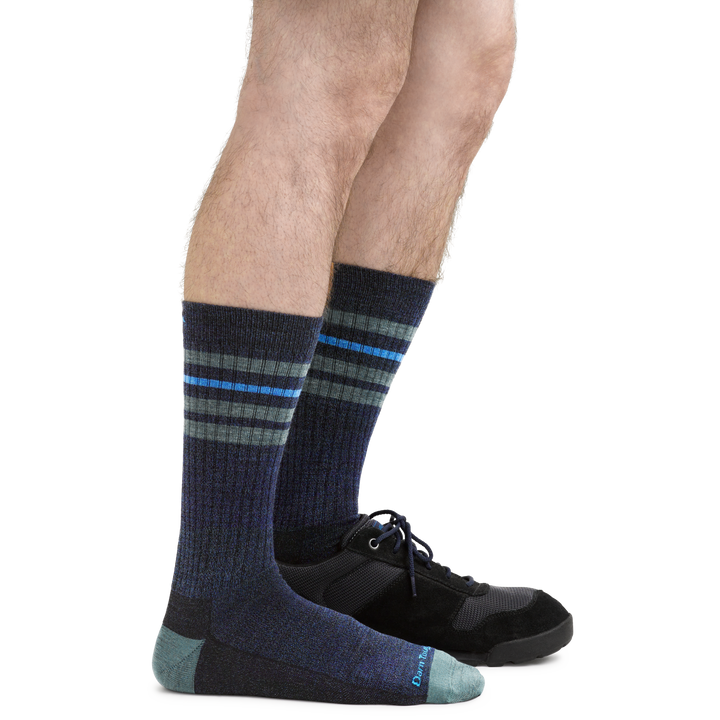 Men's Letterman Dress and Casual Socks in Denim Blue on foot with sneakers