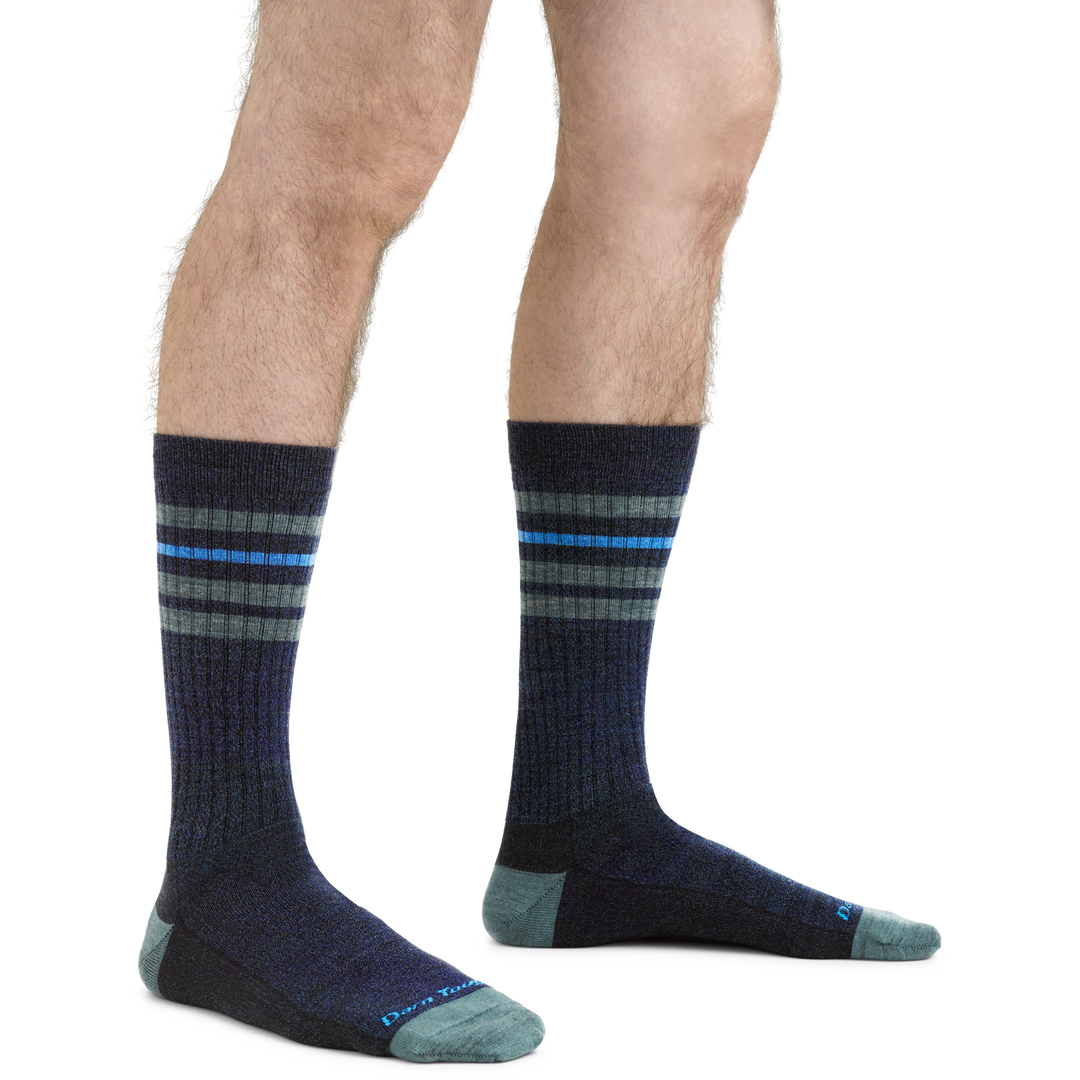 Men's Letterman Dress and Casual Socks in Denim Blue on foot
