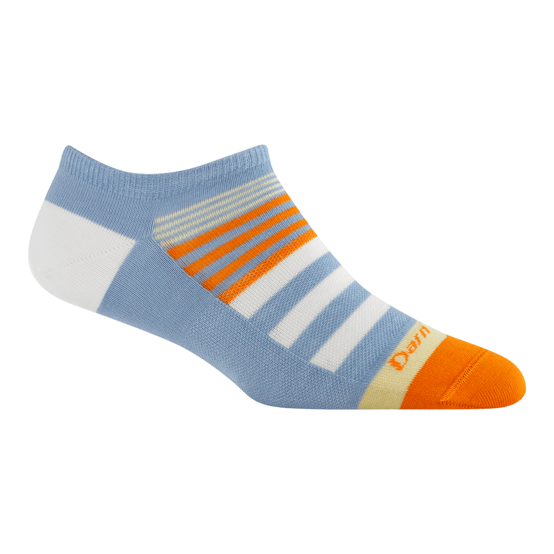 6073 beachcomer no show in sky featuring an orange toe white heel and stripes on the body with blue base color