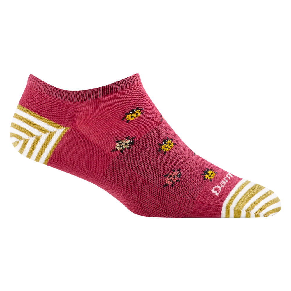 6074 Lucky lady in cranberry featuring and white and yellow striped heel/toe , berry red body and ladybug design